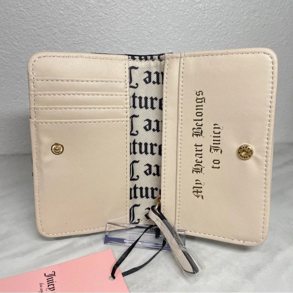 NEW Juicy Couture‎ Black Velour Embroidered Logo Bifold Wallet Cream Trim